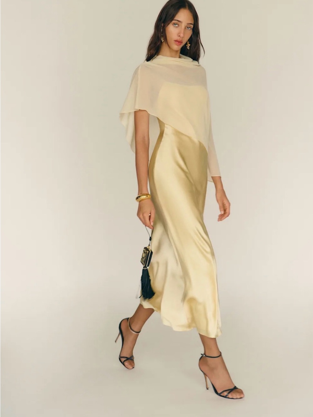 Reformation Butter Yellow 100% Silk Maxi Dress with Sheer Cape - Picture 2 of 4